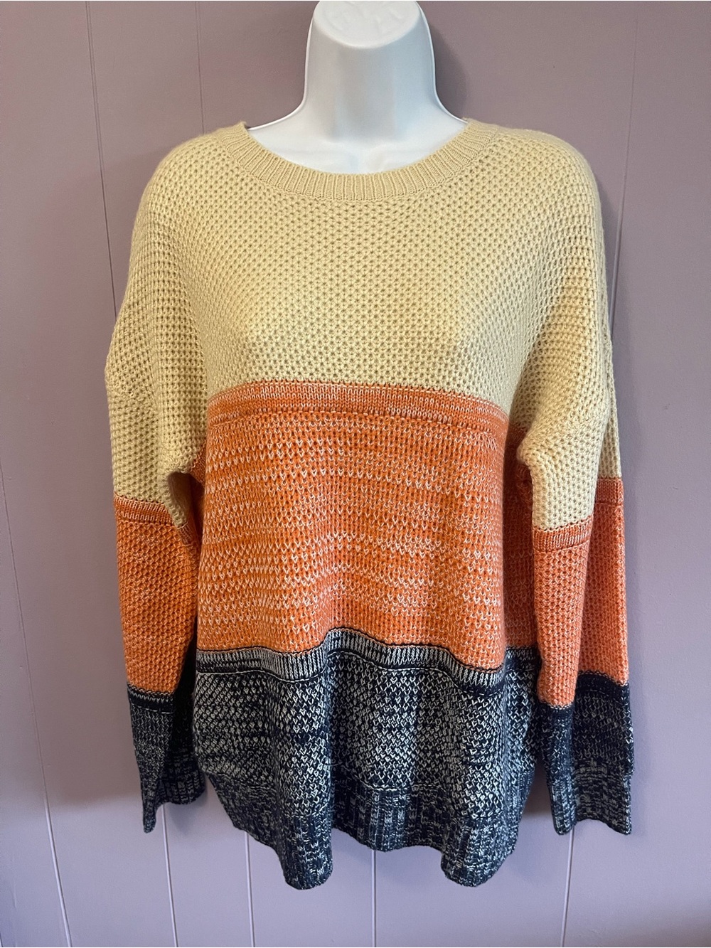 Colorblock Crewneck Sweater in Cream, Orange & Gray